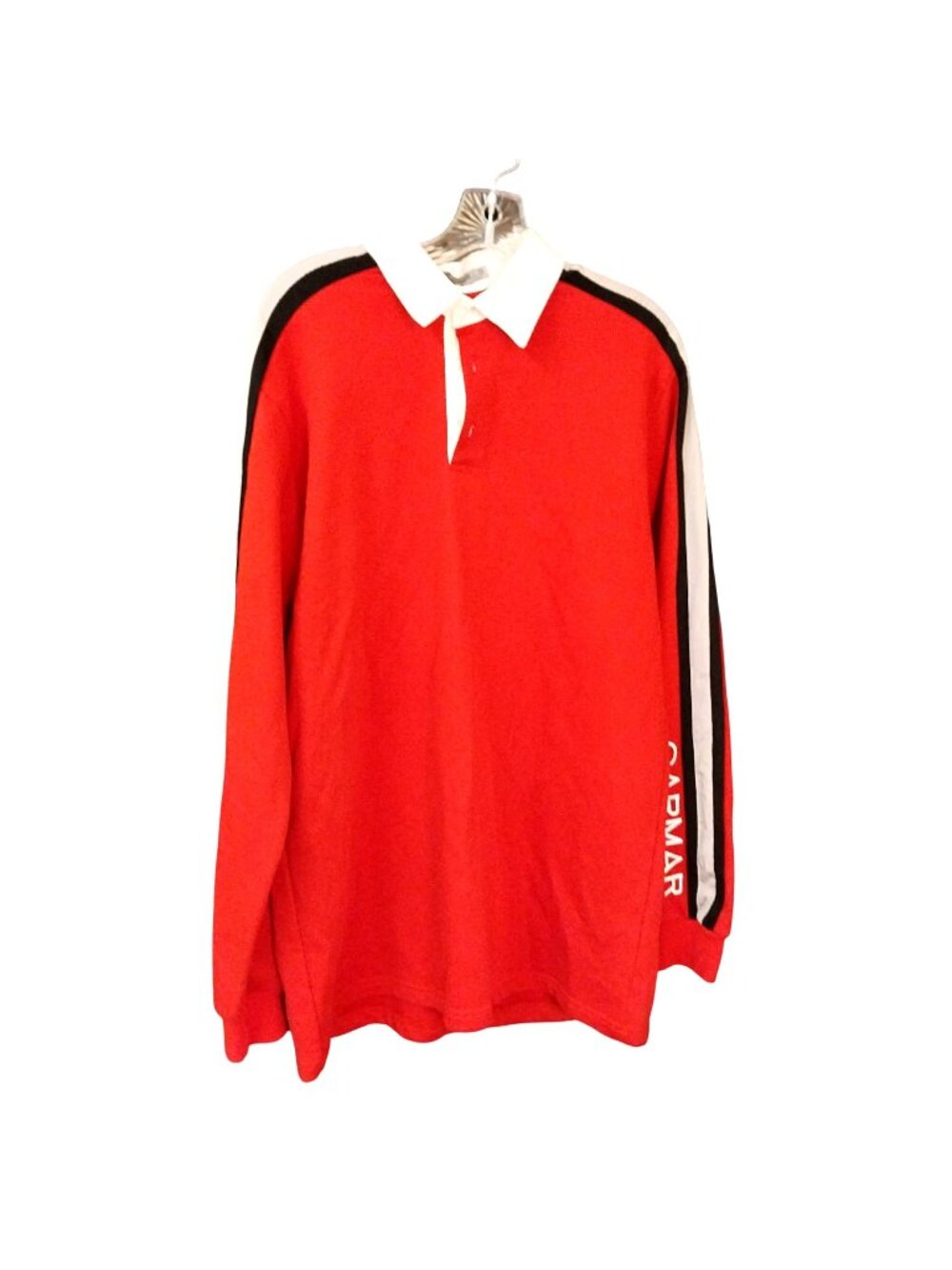 Carmar Red Polo Shirt Small With Black & White Striped Sleeves Cotton Blend